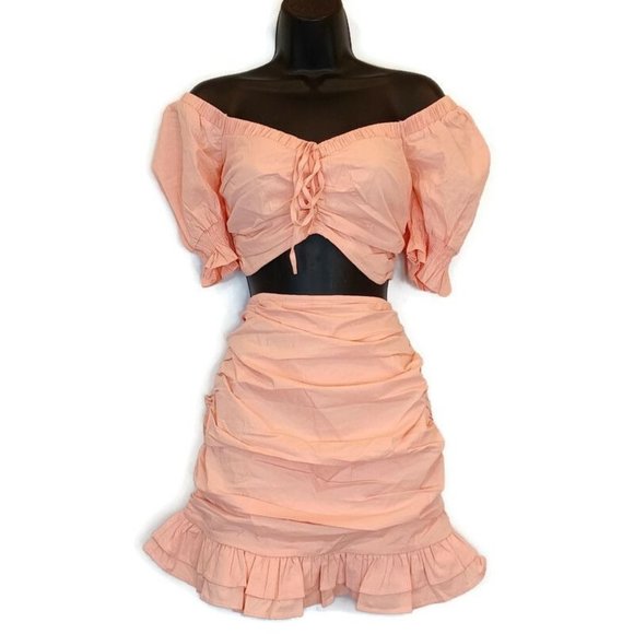 privy Dresses & Skirts - Privy WMN'S Sz L Ruched Smock 2 Piece Skirt Set Crop Puff Sleeve Ruffle Stretch